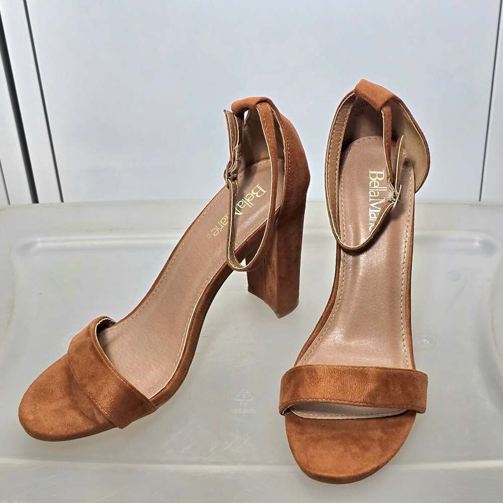 Bella Marie Tan Faux Suede Open Toe Ankle Strap Block Heel Sandal Size 10